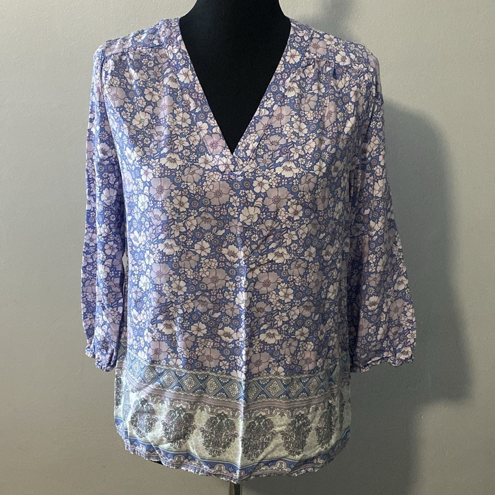 Cynthia Rowley Women’s V-Neck Top Blue Floral Print 3/4 Sleeve Sz L